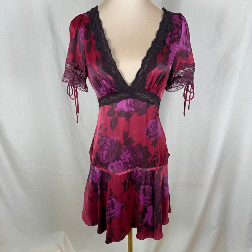 Free People Jos Printed Satin Mini Dress Berry Combo Drop Waist Lace Sz XS EUC - Picture 1 of 12